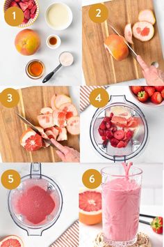 the steps to making a smoothie with strawberries, oranges and other fruits