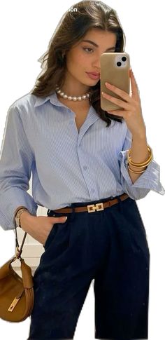 Old Money Lawyer Outfits, Blue Top Work Outfit, Striped Polo Shirt Outfit Women, Navy Blue Dress Pants Outfit, Button Up Shirt Women Outfit, Blue And White Striped Shirt Outfit Work, Navy Blue Dress Pants Outfit Women, Blue Elegant Outfit, Blue Shirt Outfits Women