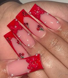 Red Shirt Nails Acrylic, Pink Nails With Cherry, Red Oval Acrylic Nails, Cherry Coke Nails, Candy Red Nails, Matte Nails Red, Cherry Acrylic Nails, Pink And Red Christmas Nails, Cherry Red Nails