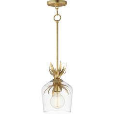 a light fixture hanging from the ceiling with a glass shade and gold trimmings