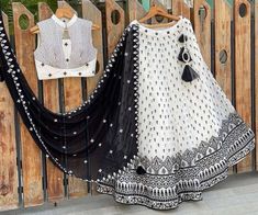 Black And White Chaniya Choli, Black And White Dupatta, White Chaniya Choli For Navratri, Lengha Dress, Bridesmaid Indian, Wedding Lengha, Lehenga Choli Latest, Indian Bridesmaid Dresses, Lengha Choli