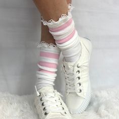 SCHOOLGIRL  striped athletic socks women's - pink Indulge in a nostalgic, vintage-inspired striped athletic sock, transporting you to old-school P.E. classes. This updated version boasts extra cushion for unparalleled comfort. Pair with classic Keds or quirky sneakers for a must-have accessory for the fashion-savvy. made in america sock sock is 10" from heel to toe 1/2" white cotton scallop top edging cotton blend sock with extra foot pad for comfort one size fits most women average feet Cute High Socks, Quirky Sneakers, Lace Socks, Athletic Socks, Signature Look, Womens Casual, Casual Socks, Socks And Hosiery, Made In America