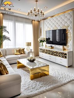 a living room with white furniture and gold accents