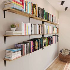 the books are lined up on the wall