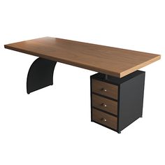 an office desk with three drawers on each side