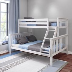 a white bunk bed sitting in a bedroom next to a blue and gray rug on top of a wooden floor