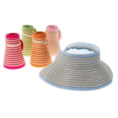 Boardwalk Hats' Two Tone Roll Up Wrap Around Sun Visor Hat provides the perfect combination of style and sun protection for kids. With an open crown wrap around design and a unique striped colorful pattern, this hat is lightweight and easy to roll up and take on the go. Plus, its small size ensures a snug and comfortable fit. Enjoy the sun while staying safe! All around 3" wide brim. Two tone striped ribbon bound brim. Adjustable hook and loop closure. Elastic band to hold rolled up visor in pla Fun Spring Hats With Uv Protection, Spring Multicolor Bucket Hat With Uv Protection, Playful Spring Cap Sun Hat, Multicolor Uv Protection Bucket Hat For Spring, Playful Multicolor Sun Hat For Spring, Playful Bucket Hat With Uv Protection For The Beach, Playful Bucket Hat With Uv Protection For Beach, Adjustable Pink Straw Hat With Uv Protection, Playful Adjustable Straw Hat For Spring