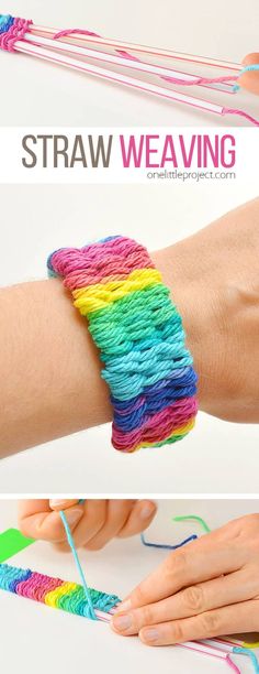 a woman's arm is covered in yarn and has the words straw weaving on it