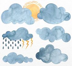 watercolor drawing of clouds and sun with rain