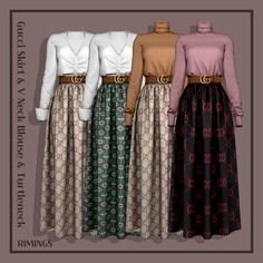 three women's dresses in different colors and patterns, with the words gucci sweater on