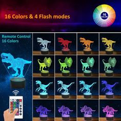 the remote control dinosaur lamp is shown with different colors and shapes on it's display