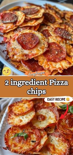 two different types of pizza on plates with the words, 2 ingredient pizza chip 8 easy recipe