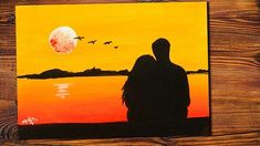 a painting of two people looking at the sunset