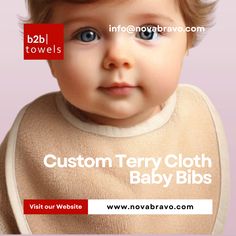 a baby with blue eyes is wearing a bib and has the words, custom ferry cloth baby bibs