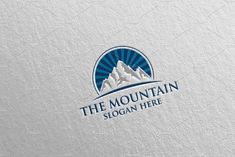 the mountain logo is shown in blue and white