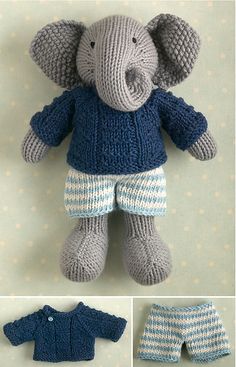 an elephant is wearing a blue sweater and striped pants with white stripes on the bottom