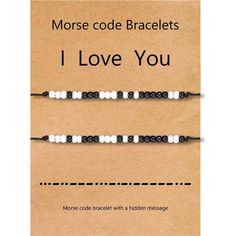 two black and white bracelets with the words morse code bracelets i love you