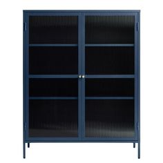 a blue bookcase with two doors and three shelves on the front, against a white background