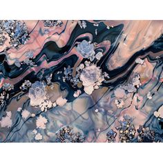 an abstract painting with blue, pink and white flowers on the bottom half of it