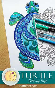 a turtle coloring page with markers and pens on top of it, next to a drawing book