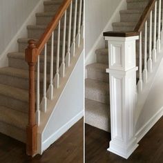 two pictures of stairs and banisters with carpet on the floor, one is white