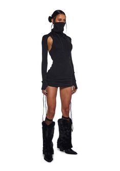 in stretch ribbed knit construction with dark washed gray finish. Fixed hood detail, cowled turtle neckline that can be pulled up into a mask, long sleeves with thumbhole cuffs, ruched sides with adjustable drawstrings, racerback cut-out design, and embroidered 'D' logo graphic at back. Festival Outfits Rave, Chunky Platform Sandals, Animal Print Shoes, Ruched Mini Dress, Mauve Dress, Halter Mini Dress, Black Doll, Platform Ankle Boots, Chunky Platform