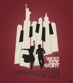 a movie poster for west side story with two people dancing in front of the statue of liberty