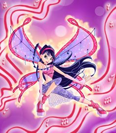 a fairy with long hair flying through the air in front of purple and red swirls