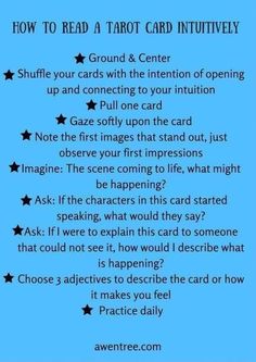 a blue poster with the words how to read a tarot card intitivity