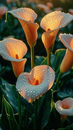 some flowers with water droplets on them are in the sunlit field, and there is no image here to provide a caption for