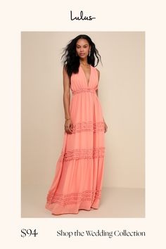 You'll know you made the right choice from the minute you slip into the Lulus Adoring Effect Peach Pink Chiffon Tiered Ruffled Maxi Dress! Lightweight woven chiffon shapes a sleeveless bodice with a plunging V-neckline and V-back (with a slender tie), gathered cups, and an elasticized, ruffled waist. Skirt falls into a flaring silhouette, with cascading tiers and bands of darling ruffled trim, ending at a maxi hem. Fit: This garment fits true to size. Length: Floor length. Size medium measures 6 Peach Maxi Dresses, Lulu Fashion, Pink Chiffon, Bridal Party Dresses, Fall Skirts, Ruffled Maxi Dress, Peach Pink, Dress 100, Ruffle Trim