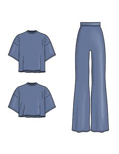 the front and back view of a women's top and pants, both in blue