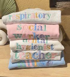 three towels stacked on top of each other with the words,'respiratory social worker and hygienist teacher '