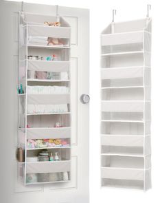 an open white door with shelves on both sides