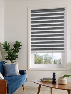 a living room filled with furniture and a window covered in blinds