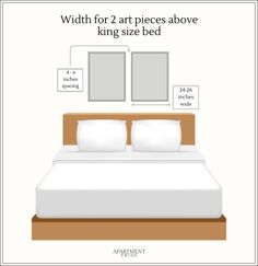 a bed with two mirrors above it and the words width for 2 art pieces above king size bed