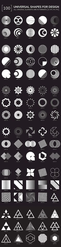 an array of different shapes and sizes on a black background with the words, 100 universal geometric patterns