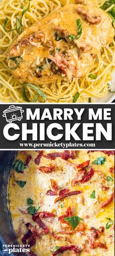 two pictures with the words marry me chicken and spaghetti in front of them, on top of