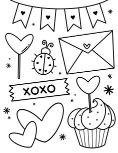 a black and white drawing of an envelope, cupcakes, hearts, and flags