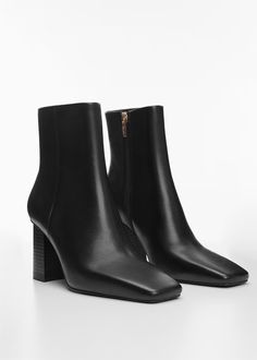 Squared toe leather ankle boots - Women | Mango USA Square Boots, Womens Fall Boots, Mango Outlet, Pointed Heels, Black High Heels, Womens Boots Ankle, Heeled Ankle Boots, Shoe Style, High Heel Pumps