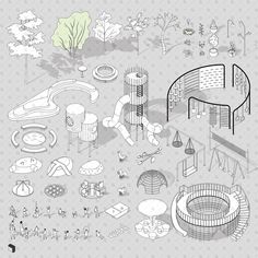 an illustrated drawing of various playgrounds, trees and other things to play with in the park