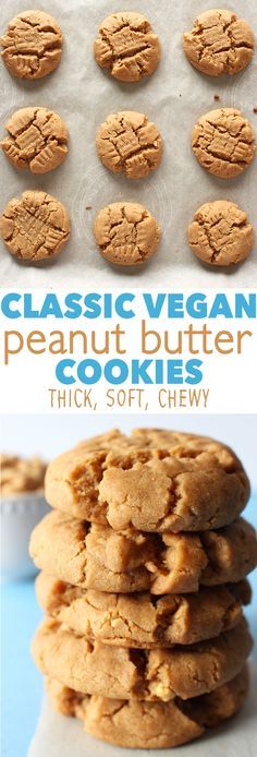 a stack of peanut butter cookies with the words classic vegan peanut butter cookies on top