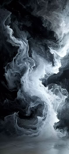 an abstract black and white painting with clouds in the sky, on a dark background