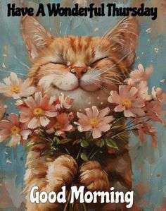 a painting of a cat with flowers in it's mouth and the words, good morning