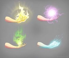 three images of hands with different colors and designs on them, one is holding a glowing object