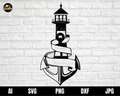 an anchor with a lighthouse on top and ribbon around it, in front of a brick wall