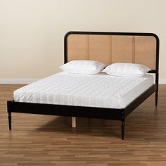 Baxton Studio Elston Mid-Century Modern Charcoal Finished Wood and Synthetic Rattan Queen Size Platform Bed FredCo theFredCo Bed Inspo, King Size Platform Bed, Full Size Platform Bed, Rattan Headboard, Bed Platform, Queen Size Platform Bed, Curved Headboard, Queen Platform Bed, Baxton Studio