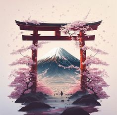 Japan Landscape Art, Japanese Drawing Aesthetic, Japan Aesthetic Drawing, Japanese Landscape Tattoo, Japanese Scenery Art, Japanese Landscape Painting, Aesthetic Painting Ideas, Creativity Inspiration