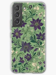 a green phone case with purple flowers on it