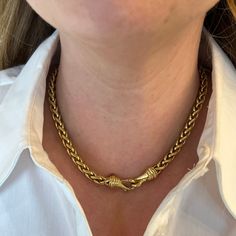 This designer Yurman 6mm Wheat Chain Necklace makes an iconic statement in 18k Yellow Gold. The thick and chunky chain accentuates the collarbone, measuring 16 inches long. Modern and elegant. Two hook clasps create the focal point charms on the chain. Italian-fashion inspired and versatile to pair with any look. The chain weighs 77.1 grams and is composed of solid 18 karat yellow gold. A radiant yellow gold jewelry piece that will never go out of style! Elegant Cheap Cable Chain Necklaces, Thick Solid Gold Necklace, Luxury Timeless Gold Chain Jewelry, Luxury Yellow Chain Necklace As A Gift, Luxury Gold Necklace With Polished Finish, Luxury Classic Clavicle Chain Necklace, Luxury Gold Necklace With Complimentary Chain, Luxury Gold Plated Chain Necklace Gift, Cheap Yellow Gold Necklace With Complimentary Chain